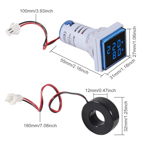 Image of 2PCS 60-500V 0-100A AC Digital Ammeter Voltmeter, 22mm Square Digital Tube Screen with Transformer, LED Display Voltage Detector Current Tester Gauge(Blue)