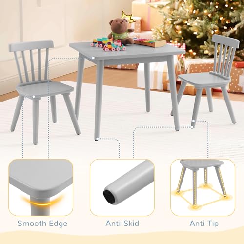 Curipeer Windsor Kids Table and 2 Chair Set, Rubberwood Toddler Table and Chair Set for Art, Play, Craft, Activity, Children Table with Non-Slip Legs/Round Edge Design, Gray - Thumbnail 5