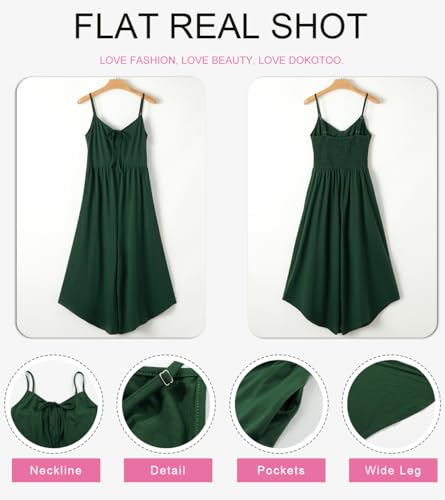 Dokotoo Rompers for Women Summer Dressy Casual Jumpsuit Dress V-Neck Spaghetti Straps Ruched Drawstring High Waist Wide Leg Jumpers and Rompers Green Small
