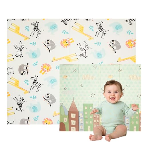 Nomady Kids - Alfombra de juego Plegable, Acolchada y Reversible (200x180cm) - Colchoneta para Bebes y Niños (Animales y Edificios)