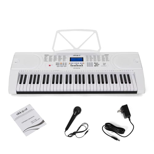 Image of Akkord 61-Key Octave Electronic Keyboard with adapter- LCD Display| USB Input| Mic |Music Sheet Stand | 255 Rhythms | 255 Timbres | 24 Demos | White
