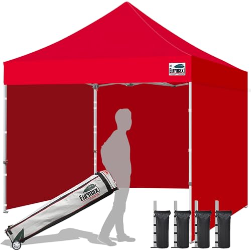 Image of Eurmax USA 10x10 Pop Up Canopy Tent,Commercial Tent with Patented No-Tip Rolling Bag,4 Zippered Removable Walls,UV & Water Resistant Canopy Top,Heavy Duty Outdoor Gazebo,Instant Shelter(Red)