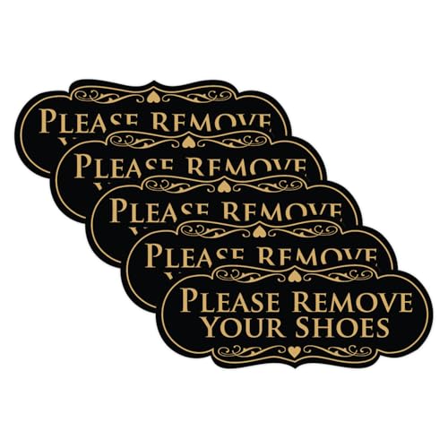 All Quality Designer Please Remove Your Shoes Wall or Door Sign - No Shoes Signage | Easy Installation - Black/Gold - Large (5 Pack)