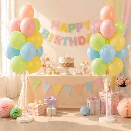 Image of Balloon Column Kit Set of 2,Anti-Tip Sand-Fill Base Balloon Tower Stand with 10 inch 26pc Classic Retro Colorb Balloons for Easter Birthday Wedding Bridal Party Decorations