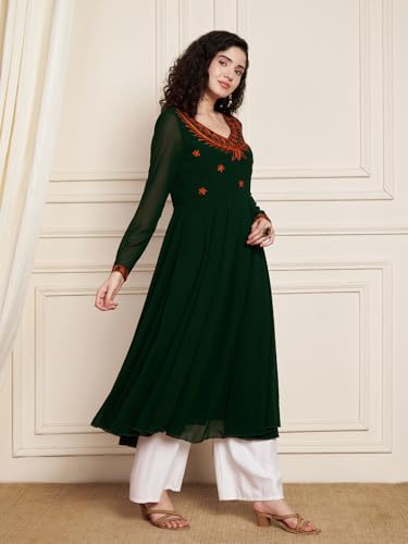 Image of Poshak Hub Women Green Ethnic Motifs Aari Work Georgette Anarkali Kurta