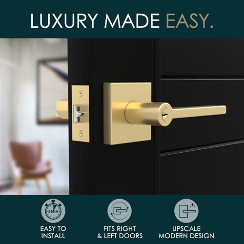 Image of Mega Handles - Prime Entrance Handle, Entry Lever Door Handle, Heavy Duty Square Locking Lever Set for Left or Right-Handed Doors, Interior /Exterior Door Levers - Satin Brass