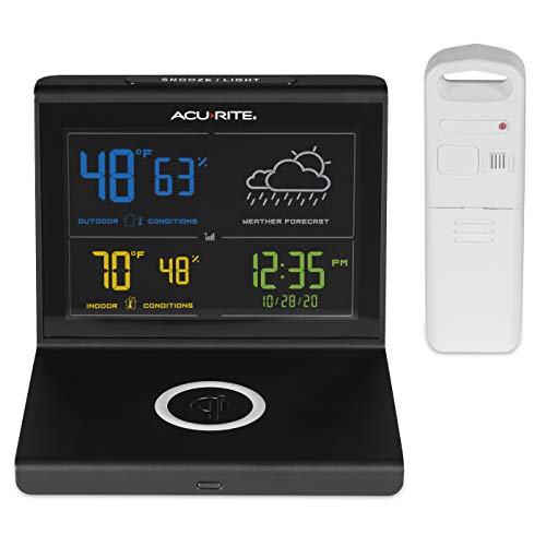Acurite Weather Forecaster With Wireless Charging Pad, Alarm Clock With Indoor/Outdoor Temperature And Humidity And Calendar (01193M),Black #TOP1