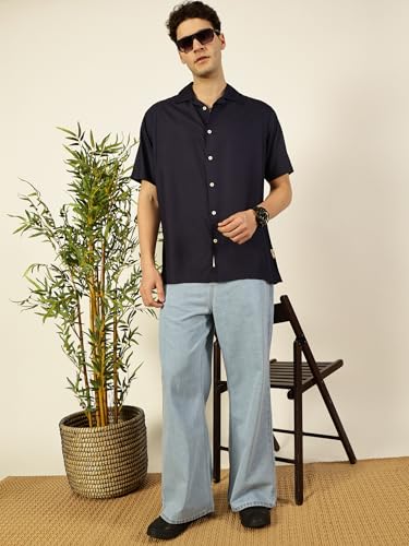 Image of Thomas Scott Men Half Sleeves Camp Collar Oversize Fit Solid Casual Shirt