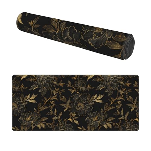 Image of Black and Gold Flowers Extended Gaming Mouse Pad, with Stitched Edges Large Mouse Pad Desk Protector, Rubber Base Mousepad Keyboard Mouses Mat for Work Game Office Home- 32 inch X 12 inch Inch,E143