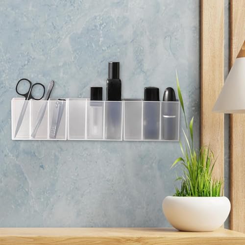 Image of Multipurpose Wall Mounted Storage Desk Organizer Box | Self Adhesive Plastic Holder with 4 Compartments for Bathroom, Kitchen, Office & Dressing Table