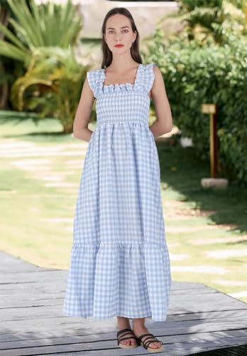 Image of ebossy Women's Fashion Plaid Dress Sleeveless Smocked Ruffle Pleated Boho Party Beach Gingham Maxi Dresses