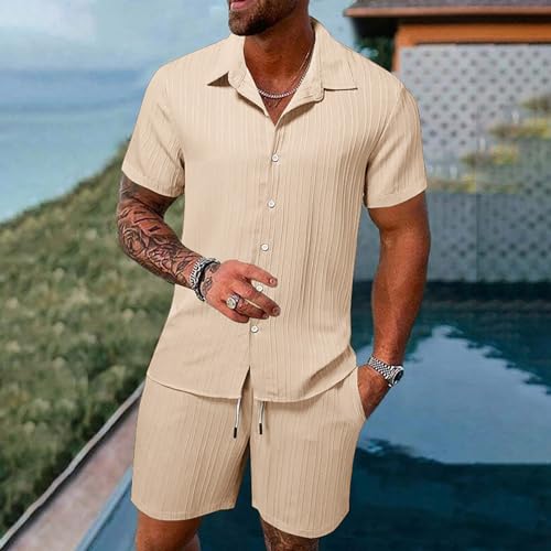 Zweiteiler Herren Leinenanzug Sommer Freizeitanzug 2-teilig Kurzarm Button-Up Revers Hemd und Shorts Beach Shirt Kurze Hose Set Baumwolle Leinen Anzug Jogginganzug für Urlaub Strand Alltag