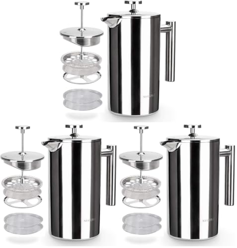 Image of Secura French Press Coffee Maker, 304 Grade Stainless Steel Insulated Coffee Press with 2 Extra Screens, 34oz (1 Litre), Silver (Pack of 3)