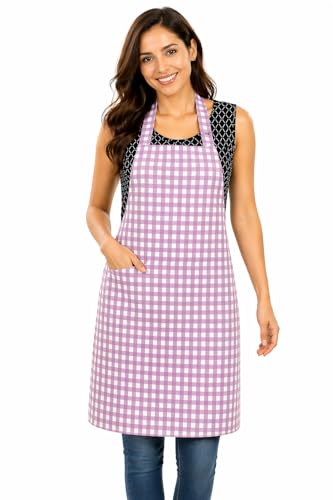 Pixel Home Decor Cotton Apron 100% Cotton Check Kitchen Apron with Front Center Pocket Best Design Apron - NEW Checks (Purple Checks)