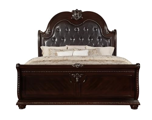 King Size Sleigh Bed - Antique Brown Faux Leather Upholstered Headboard, Button-Tufted, Traditional Bedroom Furniture. 92.5"x84.25"x73"H, Formal Design.