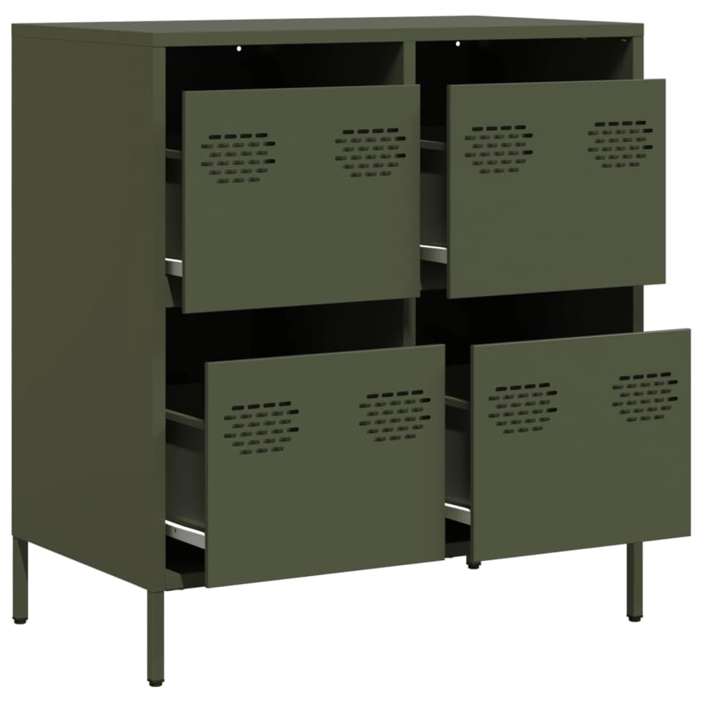 Buffet vert olive 68 x 39 x 73,5 cm, en acier laminé à froid, armoire de couloir avec 4 tiroirs, armoire de rangement pour salon