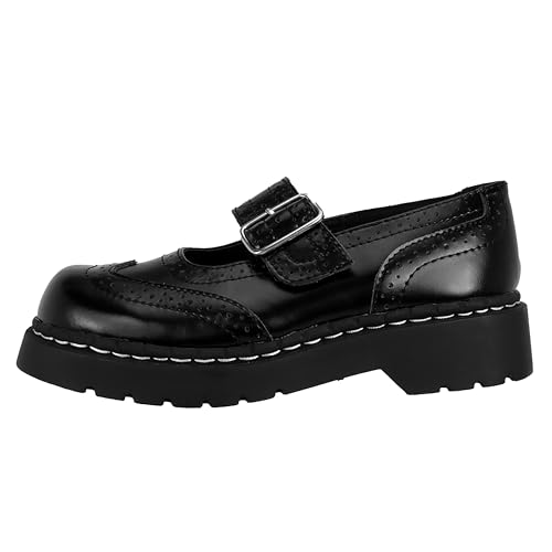 T.U.K. Women's Brogue Mary Jane Flat Shoes – Black Leather, Vintage Style, Wingtip Detailing, Adjustable Buckle Strap, Cushioned Insole, Sturdy Sole, Low Heel, Comfortable Fit, Vegan, US Women’s 12