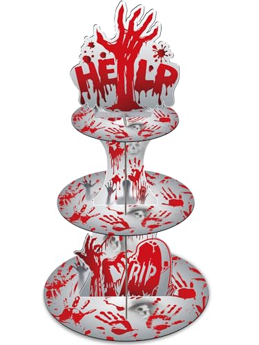 Keluna Halloween Bloody Birthday Party Decorations - 3 Tier Scary Bloody Help Handprint Cupcake Stand Horror Theme Party Supplies Dessert Tower Holder for Halloween Theme Table Decorations