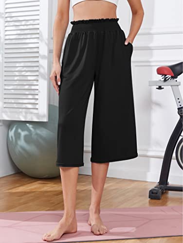 iChunhua Wide Leg Capri Yoga Pants for Women Loose Summer Ruffles High Rise Cropped Bottom with Pockets3