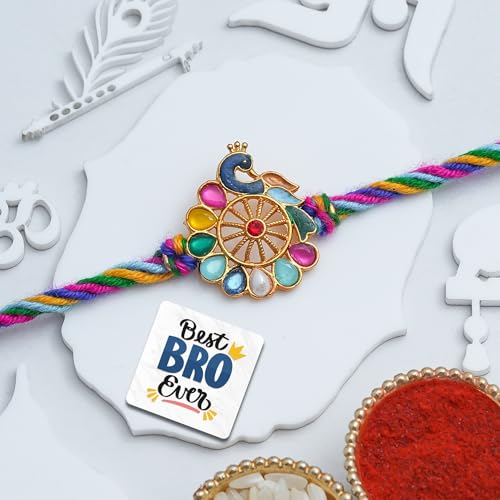 Image of eCraftIndia Kundan Flower Peacock Rakhi for Brother Bhaiya Bhai with Best Bro Ever Fridge Magnet | Roli Chawal Pack