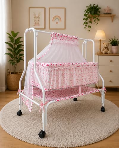 Image of Kiddery Auri | Cradle for Baby | New Improved Mattress Design | Mosquito Protection Net | Smooth Swing | All Wheel Lock | Palna | Jhula | Uyyala | 0-10 Months | Pink