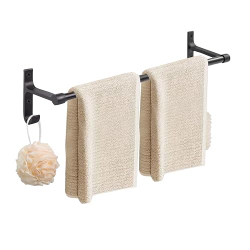 KYOEON Toallero, 80 cm, toallero de pared, color negro mate, montaje en pared, barra de toalla de metal con dos ganchos en ambos lados para baño, cocina, lavabo