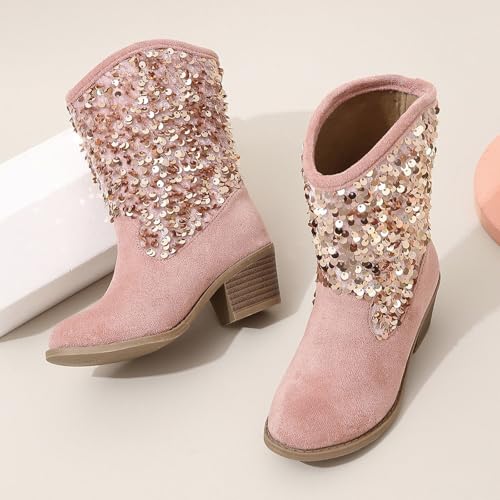 Girls Western Cowboy Boots Glitter Sequin High Heel Fashion Non-𝐒lip CowgirlRiding Boots Princess Dress Shoes3