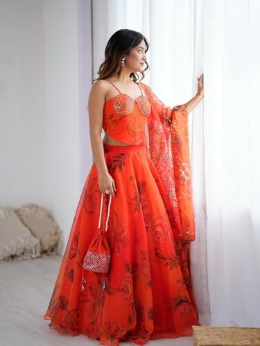 Image of MARUTI FASHION HOUSE Readymade Lehenga Choli Indo-Western Set For Womens & Girls Heavy Pure Organza digital printed 8mtr flair lehenga with canvas patta can can and with dori Chaniya Choli Wedding