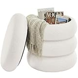 SONGMICS Schminkhocker, Hocker mit Stauraum, runder Sitzhocker, Polsterhocker, Fußhocker, Deckel abnehmbar, Wohnzimmer Schlafzimmer Flur, einfacher Aufbau, 43 x 47 cm, Fleece, weiß LOM015WD01