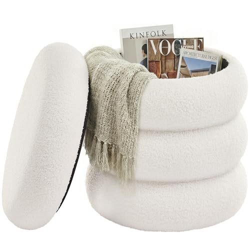 SONGMICS Schminkhocker, Hocker mit Stauraum, runder Sitzhocker, Polsterhocker, Fußhocker, Deckel abnehmbar, Wohnzimmer Schlafzimmer Flur, einfacher Aufbau, 43 x 47 cm, Fleece, weiß LOM015WD01