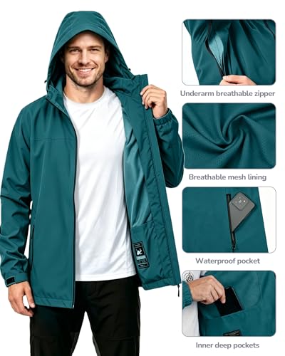 ACCNUO Men's Rain Jacket Waterproof Lightweight Rain Coat with Hood, Breathable Mens Windbreaker for Outdoor Cycling Travel — view 5