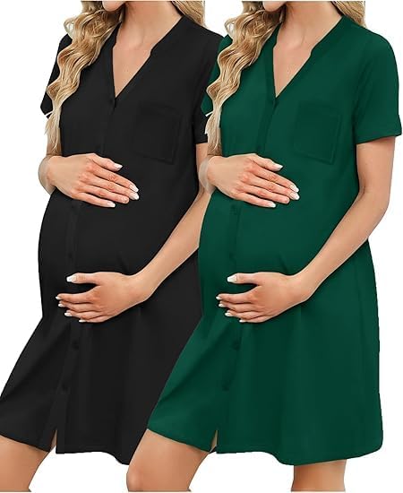 ELESOL 2 Pack Maternity Nightgown Button Down Nursing Gown 3 in 1 Breastfeeding Sleepwear V Neck Short Sleeve Delivery Dress