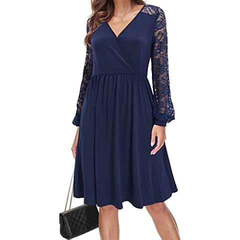 OUGES Women Floral Lace Long Sleeve V Neck Wrap Elegant Cocktail Party Dress (Navy, Large) Cover