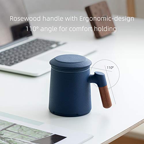 ZENS Tea Mug with Infuser,13.5 Ounce Stoneware Glazed Ceramic Tea Cup with Lid and Rosewood Handle for Steeping Loose Leaf Tea,Navy Blue