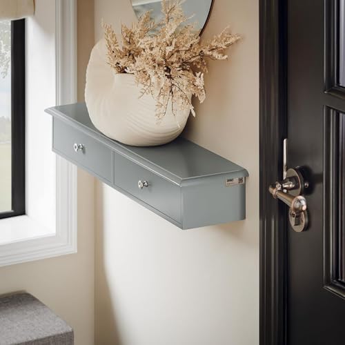 Image of Sabri SHOPEE Wooden Wall Cabinet with Drawers for Storage Floating Wall Shelf with Hidden Storage for Home Kitchen Office and Living Room (Grey, • 64W x 15D x 10H cm (2 Drawers))
