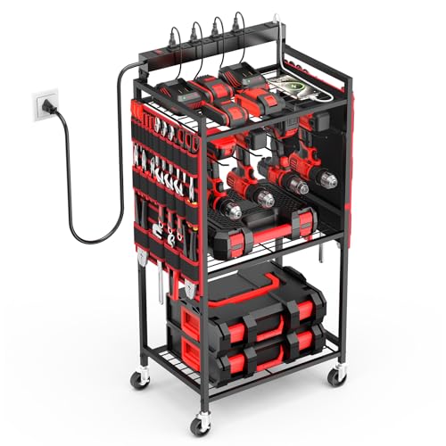 JUNNUJ Power Tool Charging Organizer Cart 8 Outlet 3 USB 6 FT Cord Red