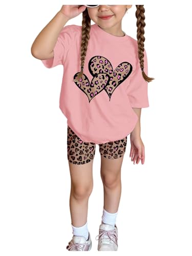 Verdusa Toddler Girl's 2 Piece Heart Leopard Print Outfits Short Sleeve Tee Top and Biker Shorts Set