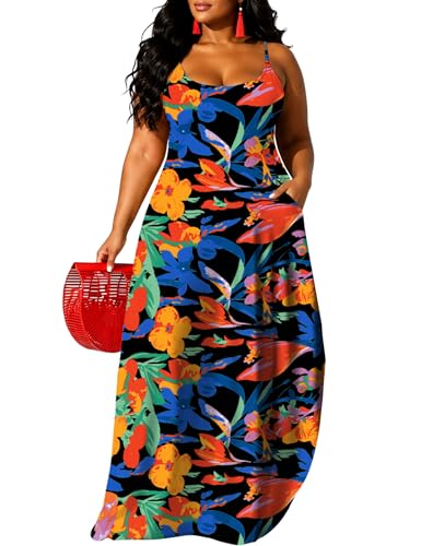 UOUA Hawaiian Dresses for Women Plus Size Sundress Luau Party Summer Curvy Maxi Tropical Boho Vacation Beach Dress Bold Floral XL