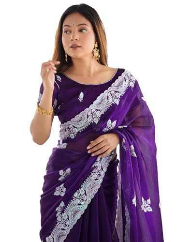 Image of SIRIL Women's Shimmer Chiffon Sequence Embroidery Saree With Unstitched Blouse Piece for Wedding and Parties