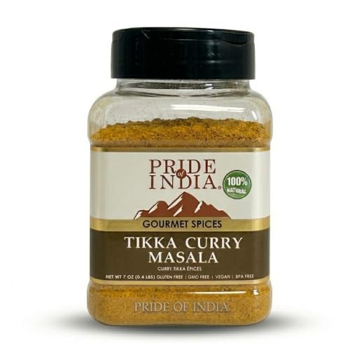 Pride of India – Tikka Curry Masala Seasoning Spice – Gourmet Curry Mix – Ideal for Vegetarian and Meat Dishes – Natural & GMO Free – Easy To Use - 7 oz. Medium Dual Sifter Jar