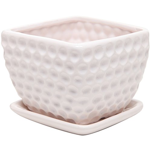 Set of 2 Modern Small White Square Ceramic Golf Ball Textured Dimple Design Planter Pots
