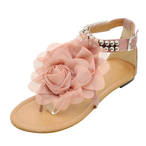 Damen Sandalen mit Riemchen Strass Glitzer Zehentrenner Glänzend Sandaletten Flache T-Riemen Flip Flops Pantoletten Frauen flache Schnur Perle Sandalen böhmischen Stil Blumenschnalle Riemen Schuhe Cover