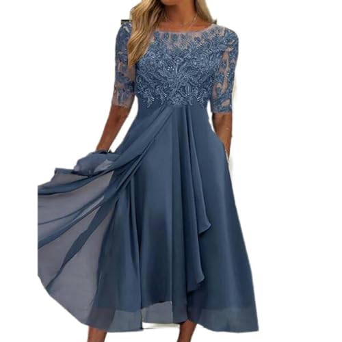 Vestido de Noche de Dama de Honor de Primavera y Verano Europeo y Americano Vestido de Gasa Hueco de Manga Media con Encaje-No. 2 Colores azul-3XL