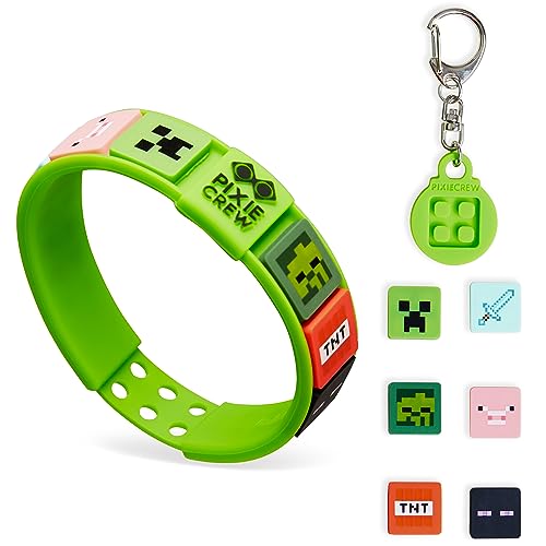 Minecraft Bracelet Kids Keyrings and Silicone Wristband Set - Creeper Key Chain Set of 4, Collectables Gaming Gifts