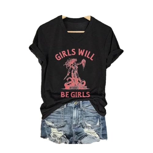 MOGUI Women's Girls Will Be Girls Feminism Print Casual T-Shirt Feminist Graphic Positive Tee