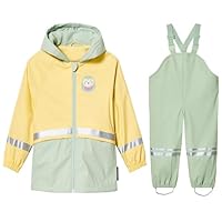 DAWILS Kids Waterproof Jacket Trousers Boys Raincoat with Hood Girls PU Dry Suit Puddle Muddy Trousers Coat Childrens Rain Jacket and Rain Pants for Outdoor Play Fleece Lined Owl 3-4 Years