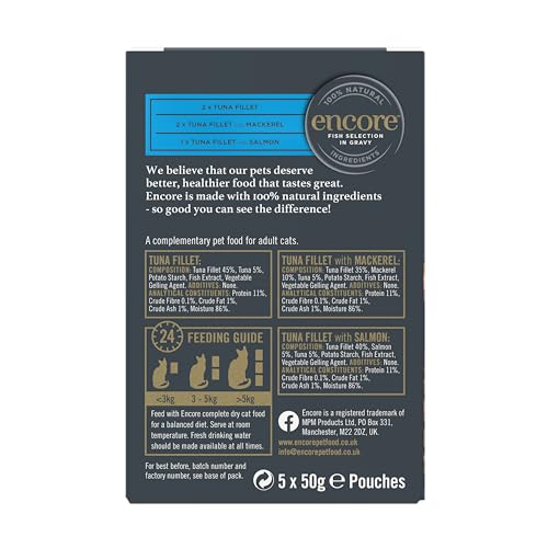 Encore Natural Wet Cat Food, Tuna with Fish Selection in Gravy, 5 x 50g Pouches