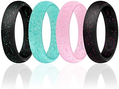 ROQ Silicone Rubber Wedding Ring for Women, Dome Solid Glitter & Metallic, Breathable Silicone Wedding Band, Anniversary Rings, Promise Ring, Multi Packs, Multi Colors Black, Pink, Teal 11