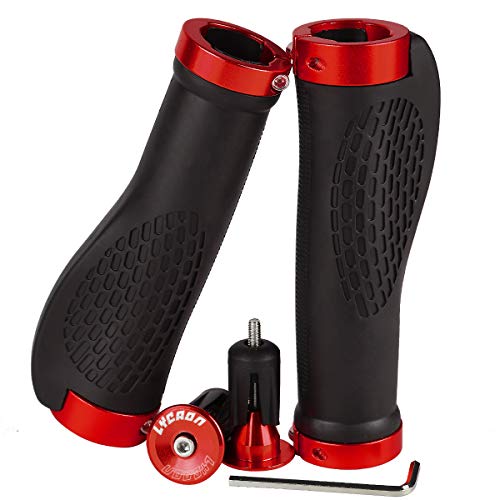 LYCAON TPR Bicycle Bike Grips with 2 Expandable Aluminum End Caps, Bike Bicycle Grips Fits MTB/BMX/Mountain/Downhill/Foldable/Urban Bicycles/Scooter (RED, EGONOMIC Grips)