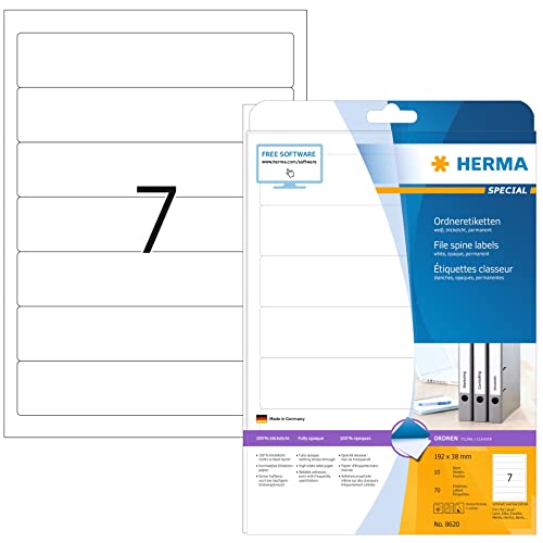 HERMA 8620 Ordnerrücken Etiketten kurz schmal, 10 Blatt, 192 x 38 mm, 7 pro A4 Bogen, 70 Stück, selbstklebend, bedruckbar, blickdicht, blanko Papier Ordneretiketten Rückenschilder Aufkleber, weiß